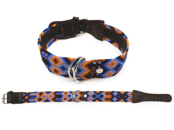Mexikanisches Hundehalsband Leder Handgemacht Blau Braun Orange