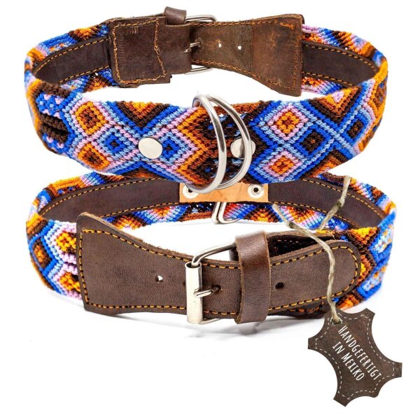 Mexikanisches Hundehalsband Blau Braun Orange aus Leder Handgemacht - L Halsumfang: 43 cm - 47 cm
