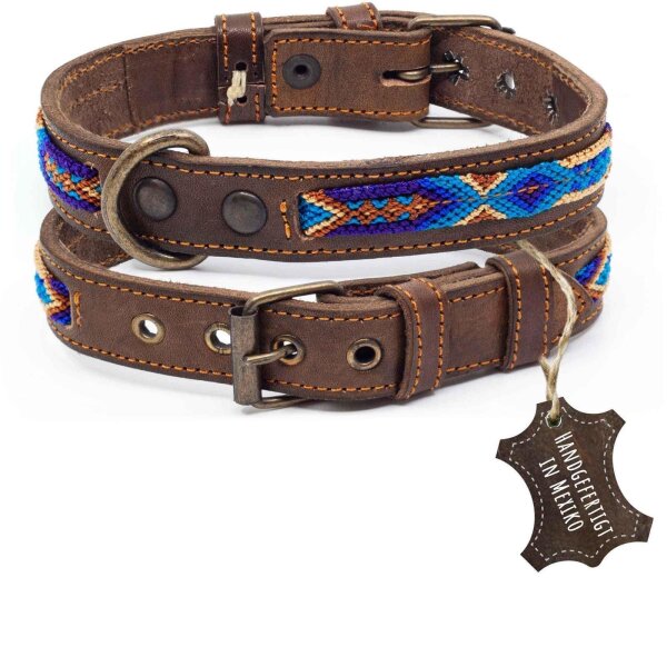 ALTEZAR Blaues Hundehalsband aus Leder Doppel-Tribal Blau Handgemacht in Mexiko - Größe S