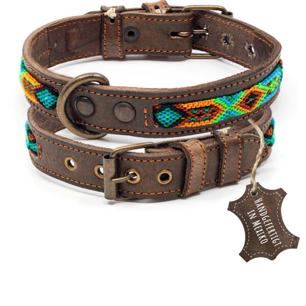 ALTEZAR Grünes Hundehalsband aus Leder Doppel-Tribal Grün Handgemacht in Mexiko - Größe S