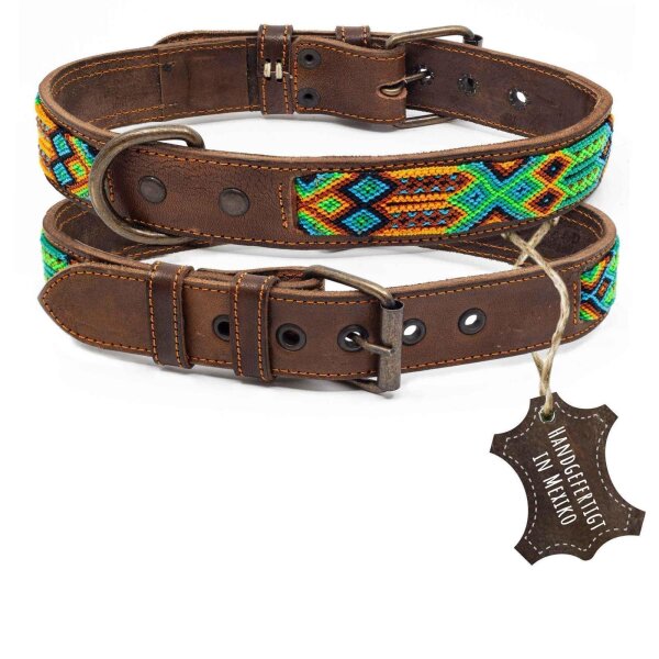 ALTEZAR Grünes Hundehalsband aus Leder Doppel-Tribal Grün Handgemacht in Mexiko - Größe L