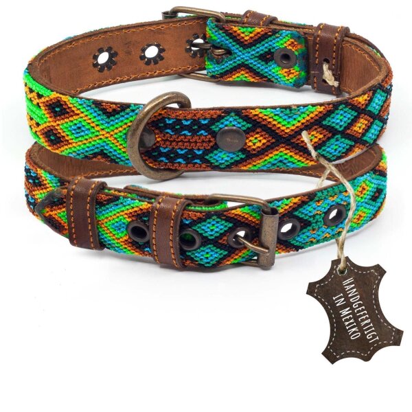 ALTEZAR Grünes Hundehalsband aus Leder Tribal Grün Handgemacht in Mexiko - Größe S