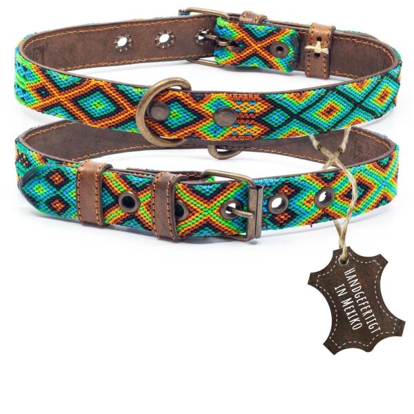 ALTEZAR Grünes Hundehalsband aus Leder Tribal Grün Handgemacht in Mexiko - Größe M