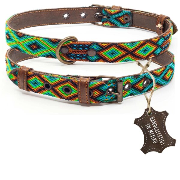 ALTEZAR Grünes Hundehalsband aus Leder Tribal Grün Handgemacht in Mexiko - Größe L