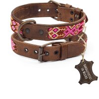 ALTEZAR Handcrafted Pink Leather Dog Collar: Double-Tribal Design from Mexico