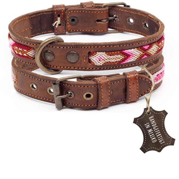 ALTEZAR Pinkes Hundehalsband aus Leder Doppel-Tribal Rosa Handgemacht in Mexiko - Größe S