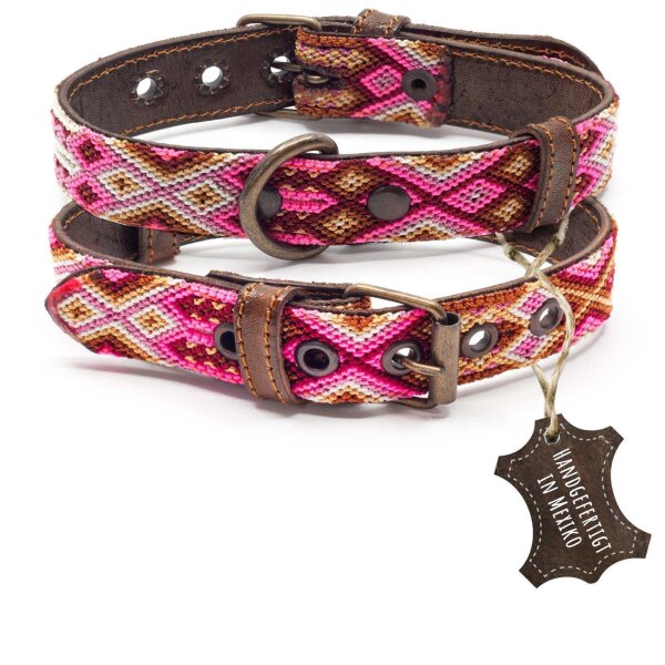 ALTEZAR Rosanes Hundehalsband aus Leder Tribal Pink Handgemacht in Mexiko - Größe S