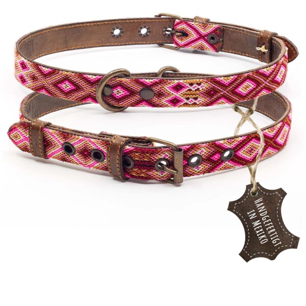 ALTEZAR Rosanes Hundehalsband aus Leder Tribal Pink Handgemacht in Mexiko - Größe L