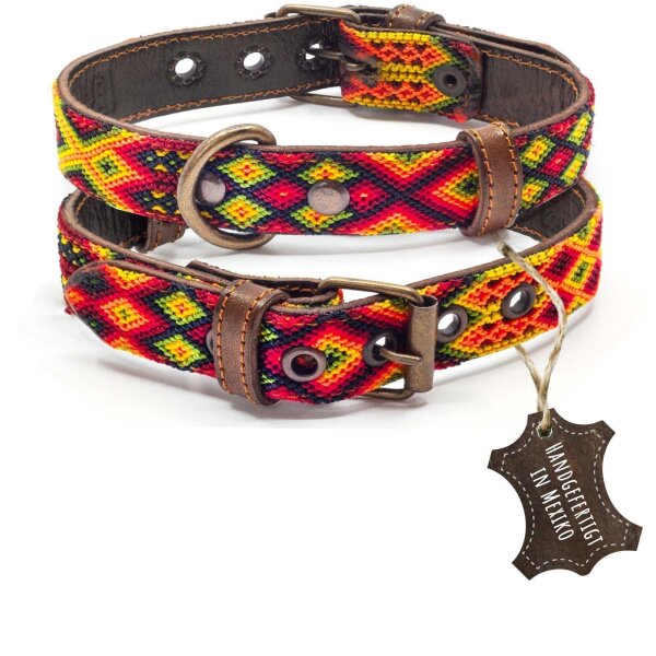 ALTEZAR Feuerrotes Hundehalsband aus Leder Tribal Feuerrot Handgemacht in Mexiko - Größe S