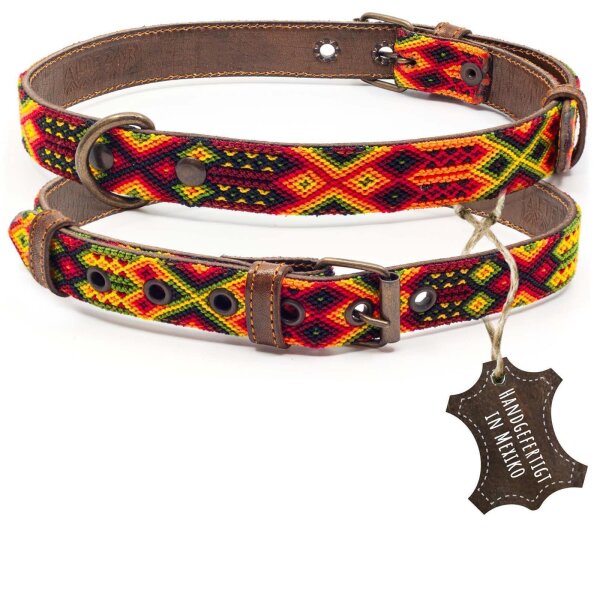 ALTEZAR Feuerrotes Hundehalsband aus Leder Tribal Feuerrot Handgemacht in Mexiko - Größe L