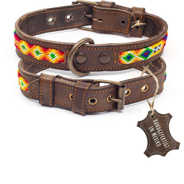 ALTEZAR Buntes Hundehalsband aus Leder Doppel-Tribal Farbenrausch Handgemacht in Mexiko - Größe S