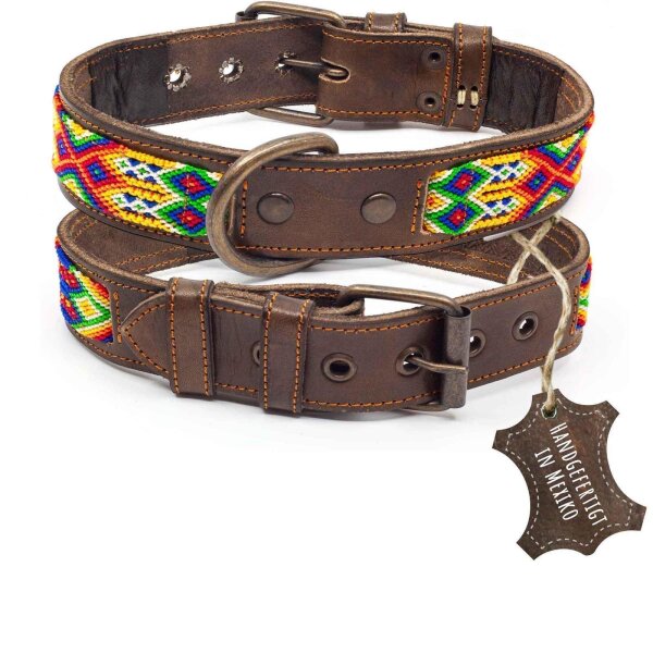ALTEZAR Buntes Hundehalsband aus Leder Doppel-Tribal Farbenrausch Handgemacht in Mexiko - Größe M