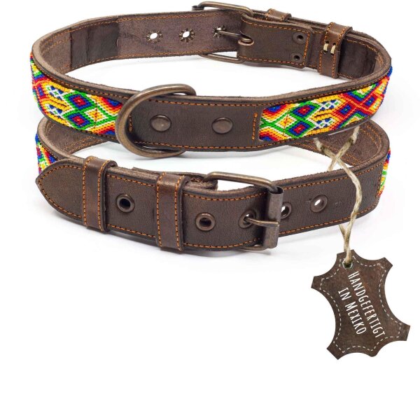 ALTEZAR Buntes Hundehalsband aus Leder Doppel-Tribal Farbenrausch Handgemacht in Mexiko - Größe L