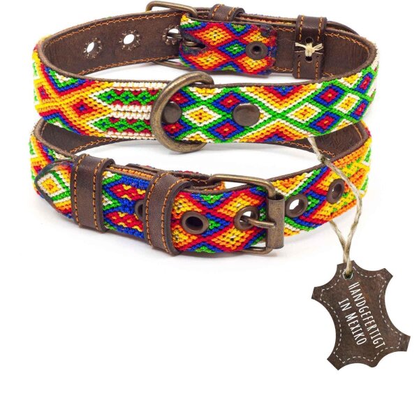 ALTEZAR Buntes Hundehalsband aus Leder Tribal Farbenrausch Handgemacht in Mexiko - Größe S