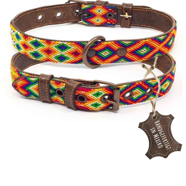 ALTEZAR Buntes Hundehalsband aus Leder Tribal Farbenrausch Handgemacht in Mexiko - Größe M