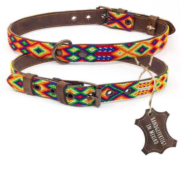 ALTEZAR Buntes Hundehalsband aus Leder Tribal Farbenrausch Handgemacht in Mexiko - Größe L