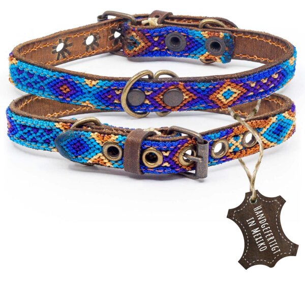 ALTEZAR Blaues Hundehalsband aus Leder Tribal Blau Handgemacht in Mexiko - Größe XS
