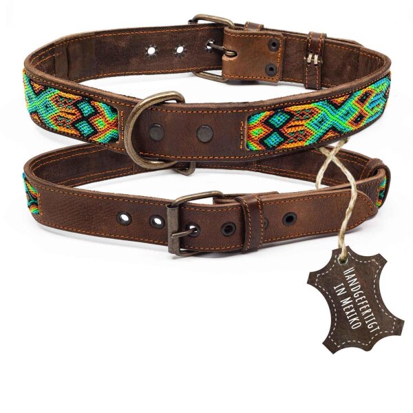 ALTEZAR Grünes Hundehalsband aus Leder Doppel-Tribal Grün Handgemacht in Mexiko - Größe XL