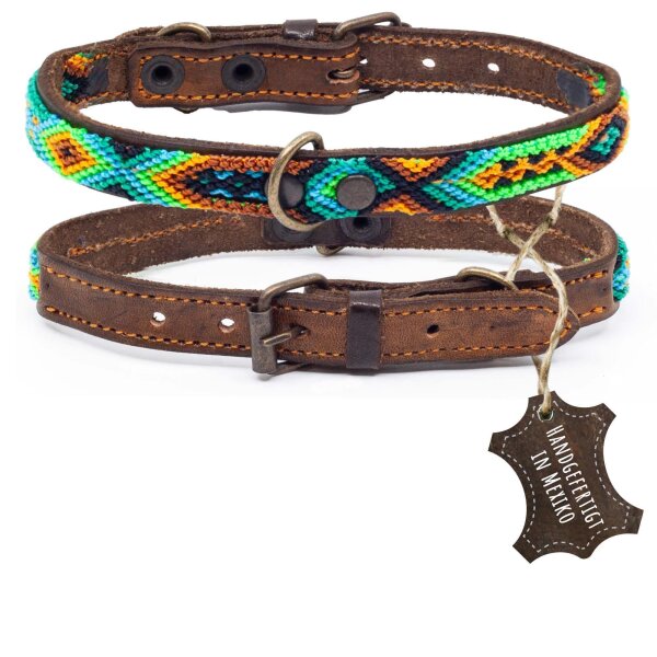 ALTEZAR Grünes Hundehalsband aus Leder Doppel-Tribal Grün Handgemacht in Mexiko - Größe XS