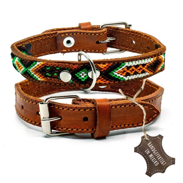 Mexikanisches Hundehalsband Grün Weiss Braun aus Hellbraunem Leder Handgemacht - XS
