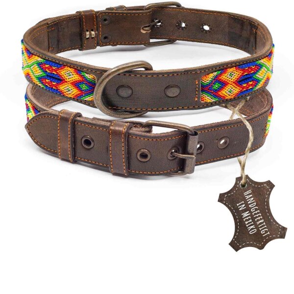 ALTEZAR Buntes Hundehalsband aus Leder Doppel-Tribal Gelb Handgemacht in Mexiko - Größe L