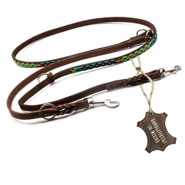 ALTEZAR Hundeleine Leder Schmal Tribal Handgemacht in Mexiko für kleine Hunde Grün