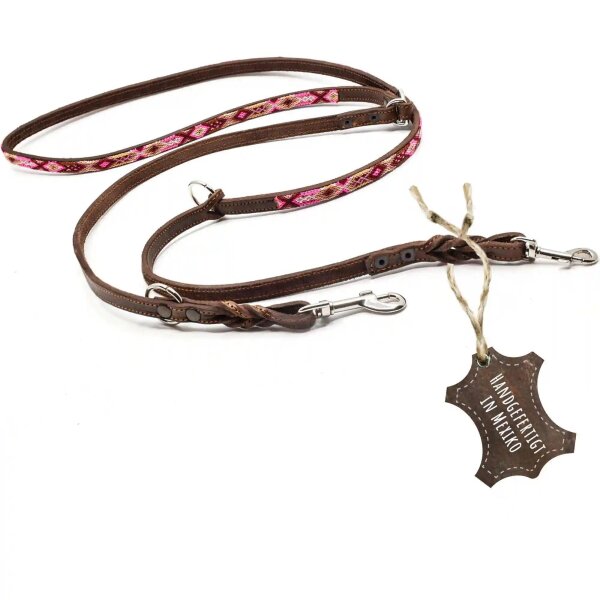ALTEZAR Hundeleine Leder Schmal Tribal Handgemacht in Mexiko für kleine Hunde Rosa