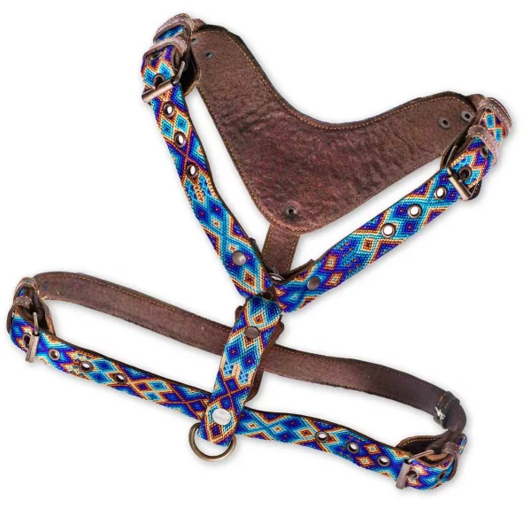 ALTEZAR Blaues Hundegeschirr aus Leder Tribal Blau - Harness - Größe L