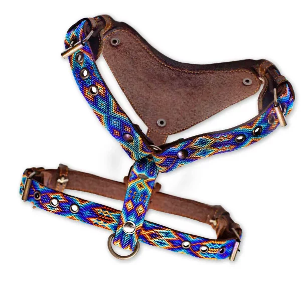 ALTEZAR Blaues Hundegeschirr aus Leder Tribal Blau - Harness - Größe S