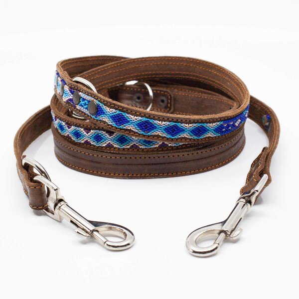 ALTEZAR Blaue Hundeleine aus Leder Tribal bestickt Handgemacht aus Mexiko